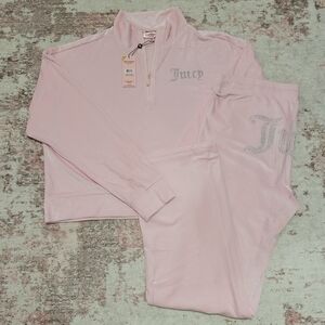 Juicy Couture Light Pink Velour Rhinestone Quarter Zip Lounge Sleepware Set - XL